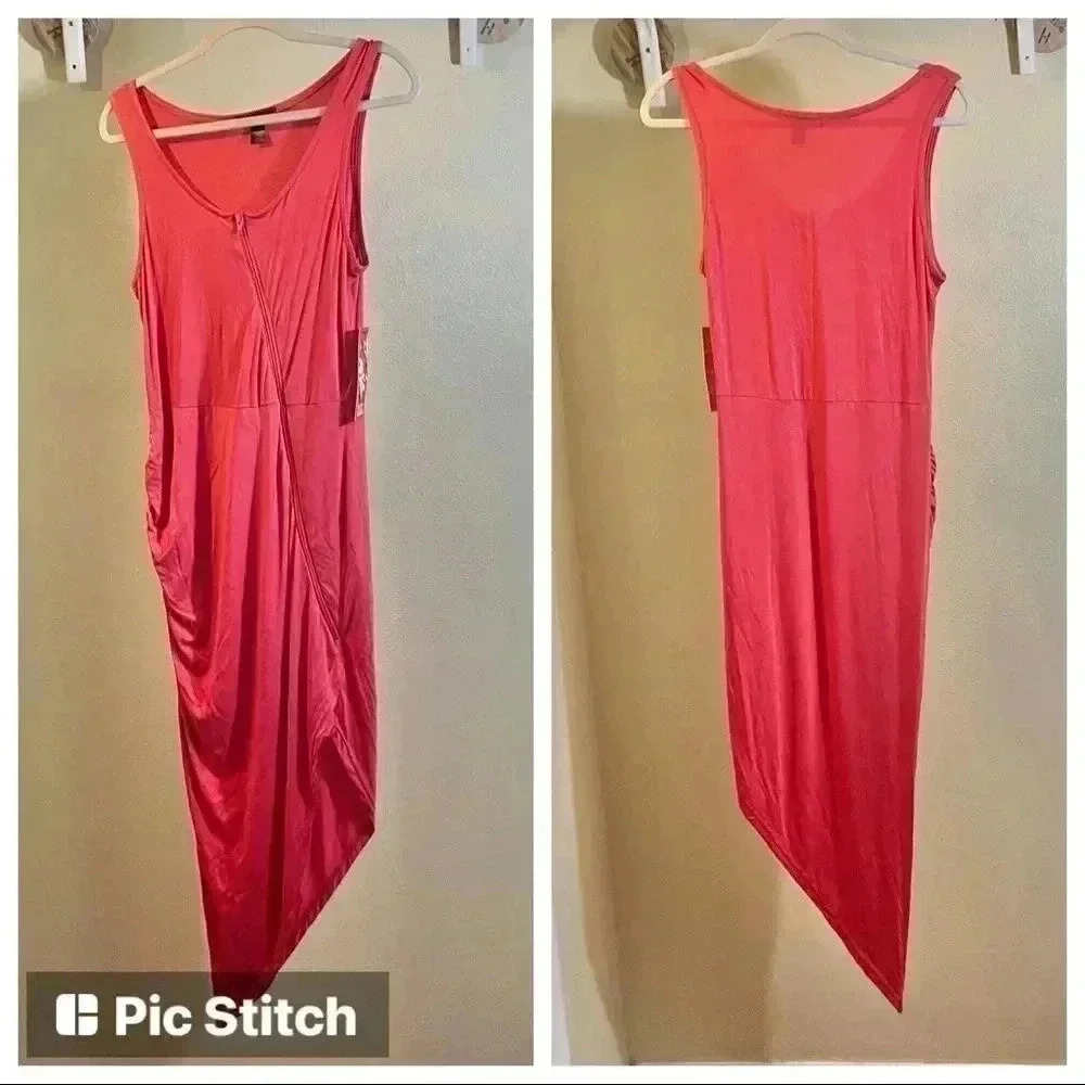 Hot Kiss Tank Dress Asymmetric Zipper Ruched Bodycon Coral Junior Sz L NWT